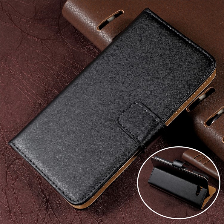 Genuine Split Leather Wallet Stand Phone Case for Samsung Galaxy J7 (2017) - Black-1