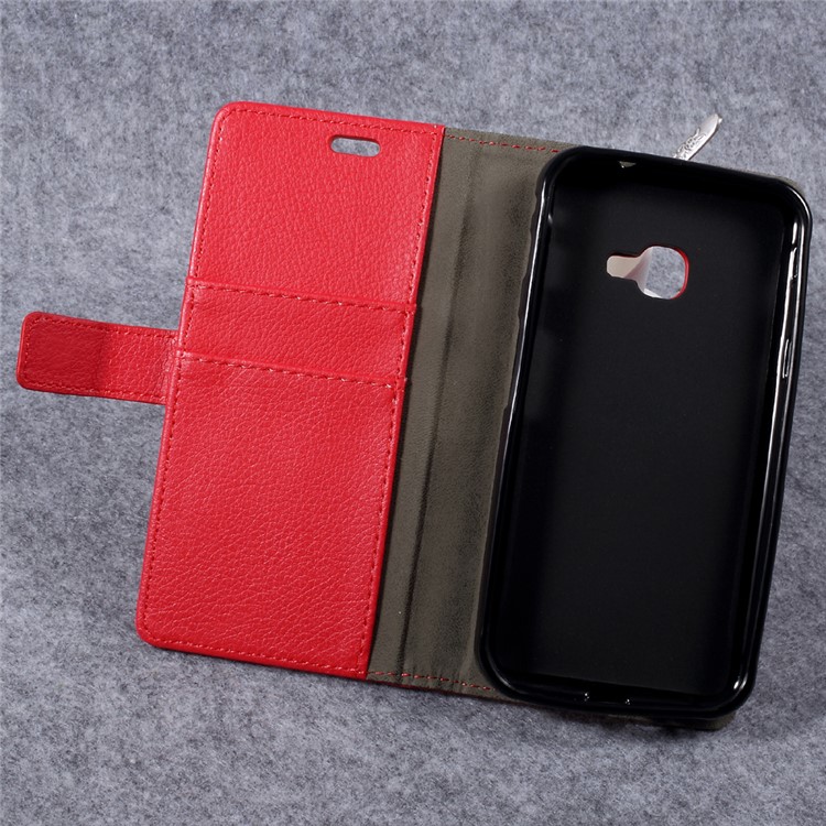 Litchi Skin PU Leather Card Holder Stand Case for Samsung Galaxy Xcover 4 - Red-6