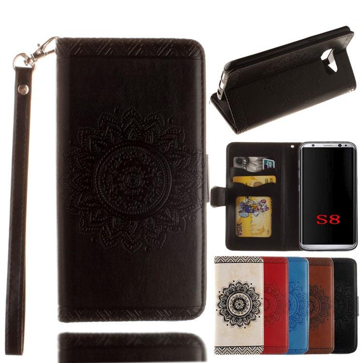 Henna Flower Imprinted Wallet Stand Leather Case for Samsung Galaxy S8 G950 - Black-1