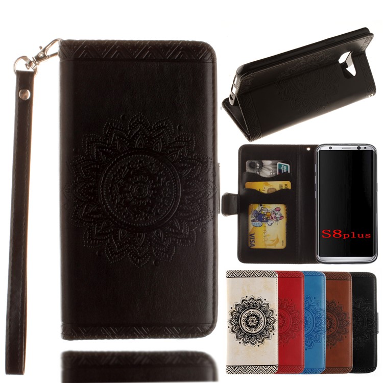Henna Flower Imprinted Wallet Stand Leather Case for Samsung Galaxy S8 Plus G955 - Black-1
