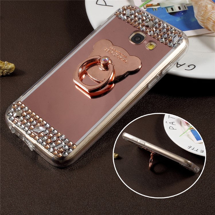 Rhinestone Ring Kickstand Plated Mirror-like Acrylic TPU Back Case for Samsung Galaxy A3 (2017) - Rose Gold-1