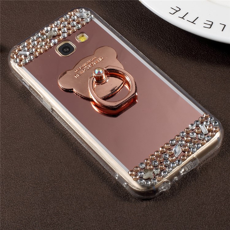 Rhinestone Ring Kickstand Plated Mirror-like Acrylic TPU Back Case for Samsung Galaxy A3 (2017) - Rose Gold-3