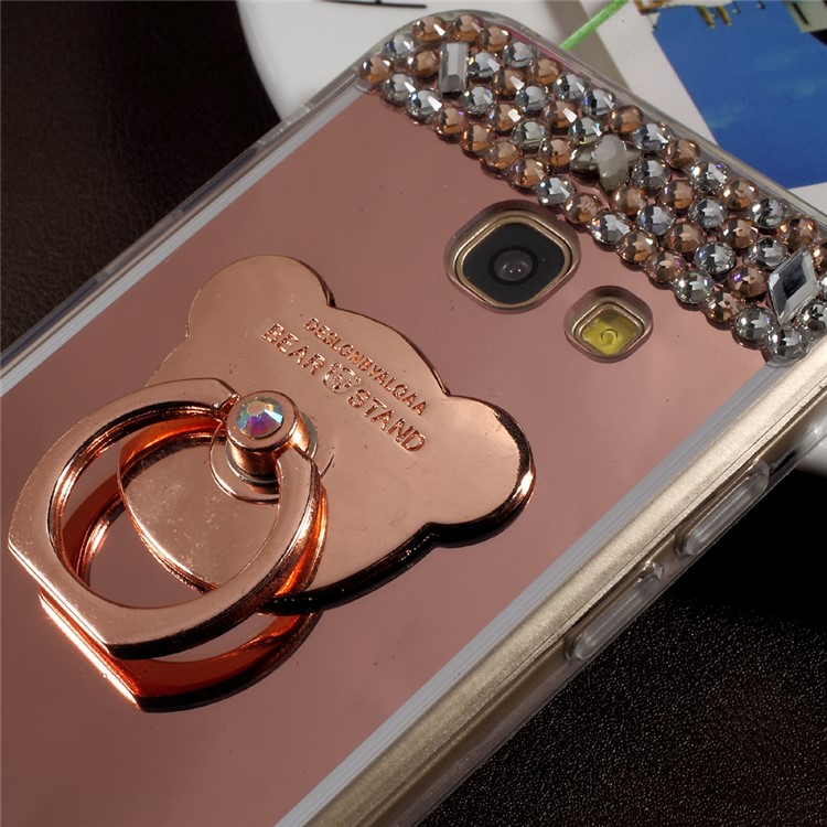 Rhinestone Ring Kickstand Plated Mirror-like Acrylic TPU Back Case for Samsung Galaxy A3 (2017) - Rose Gold-7
