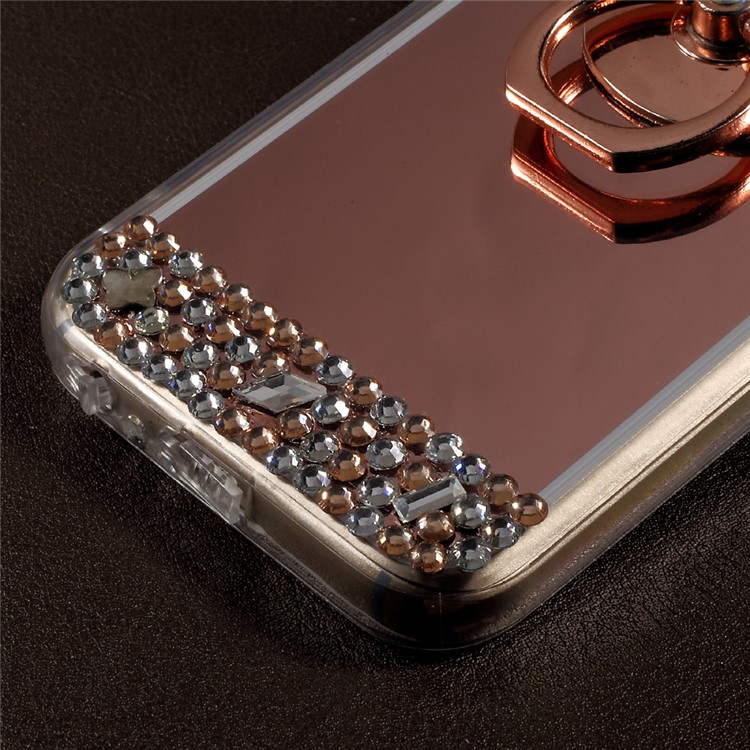 Rhinestone Ring Kickstand Plated Mirror-like Acrylic TPU Back Case for Samsung Galaxy A3 (2017) - Rose Gold-8
