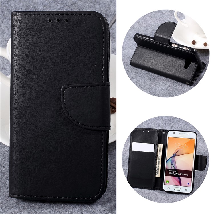 Pebble Grain Stand Leather Case for Samsung Galaxy J5 Prime - Black-1