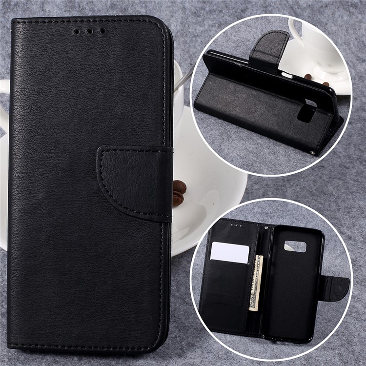 Pebble Grain Stand Leather Wallet Case with Lanyard for Samsung Galaxy S8+ SM-G955 - Black-1