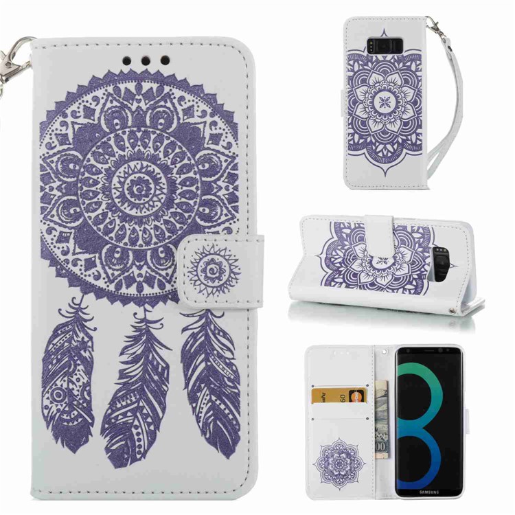 

Imprinted Dream Catcher Henna Flower Wallet Leather Phone Shell for Samsung S8 G950 - White / Purple
