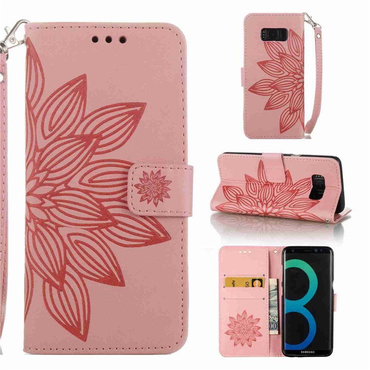 Imprint Wallet Stand Leather Phone Case with Strap for Samsung Galaxy S8 SM-G950 - Pink-1