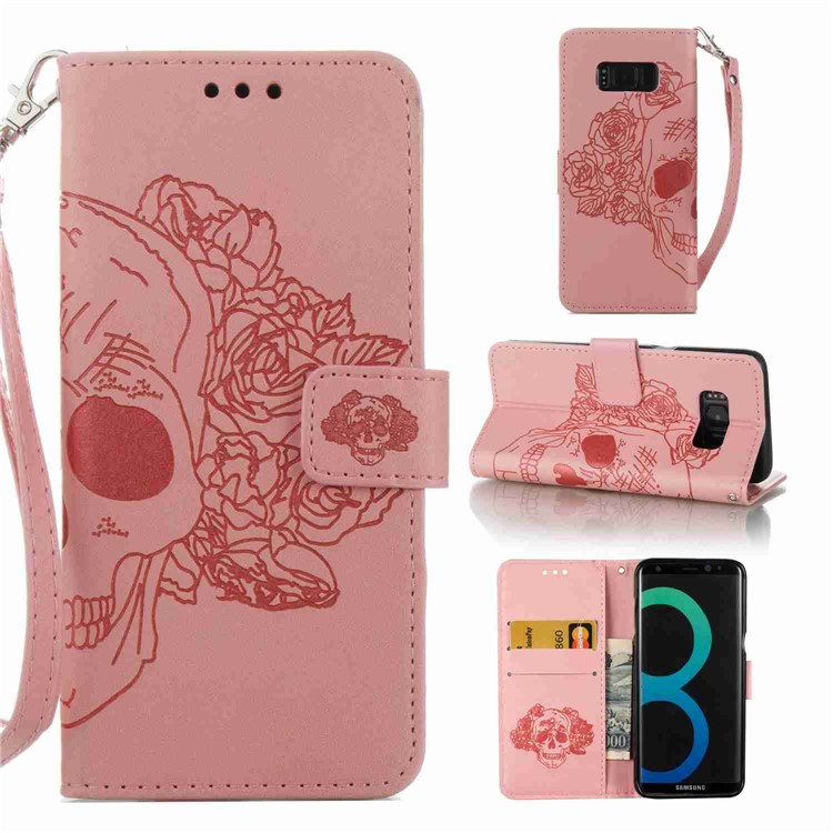 Imprint Skull Flowers Leather Wallet Case for Samsung Galaxy S8 SM-G950 - Pink-1