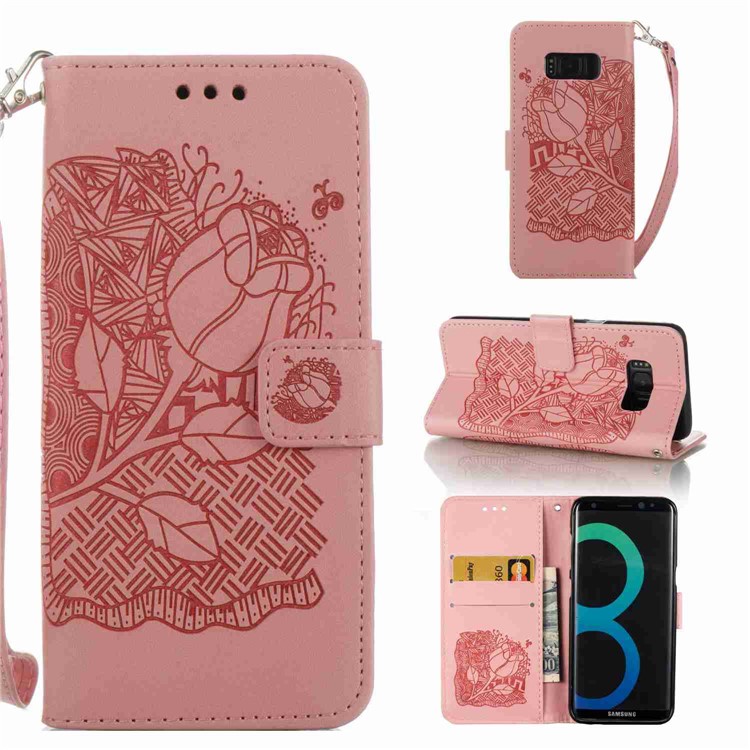 Imprint Pattern Stand Leather Case with Lanyard for Samsung Galaxy S8+ SM-G955 - Rose Bud / Pink-1