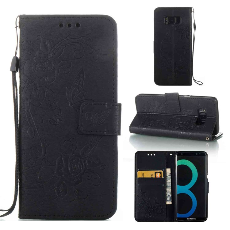 Imprinted Butterfly Flowers Leather Wallet Case for Samsung Galaxy S8+ SM-G955 - Black-1