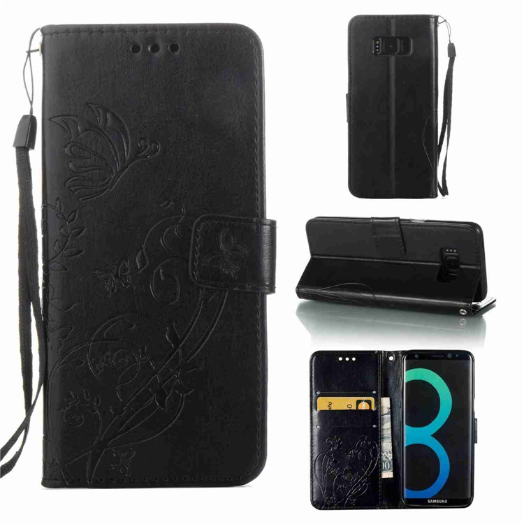 Floral Butterfly Imprinted Leather Case with Lanyard for Samsung Galaxy S8 G950 - Black-1