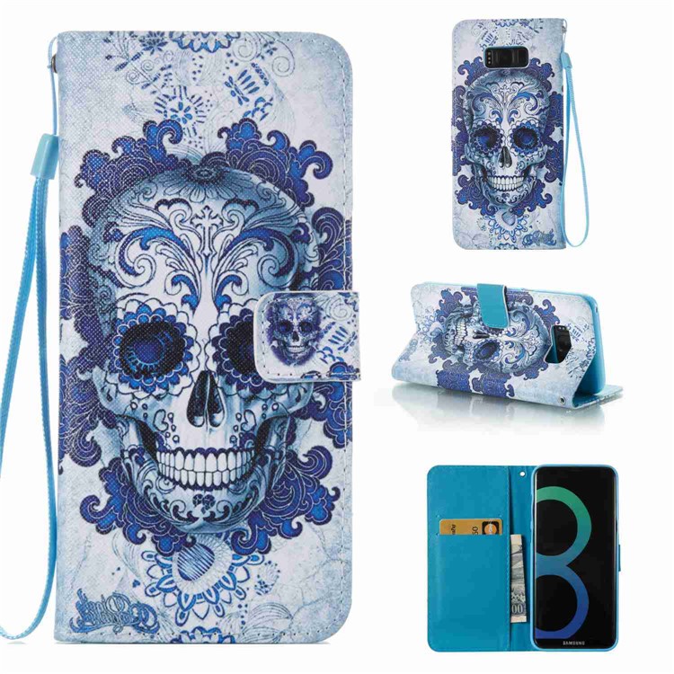 Patterned Leather Wallet Smartphone Cover with Lanyard for Samsung Galaxy S8 Plus G955 - Skulls-1