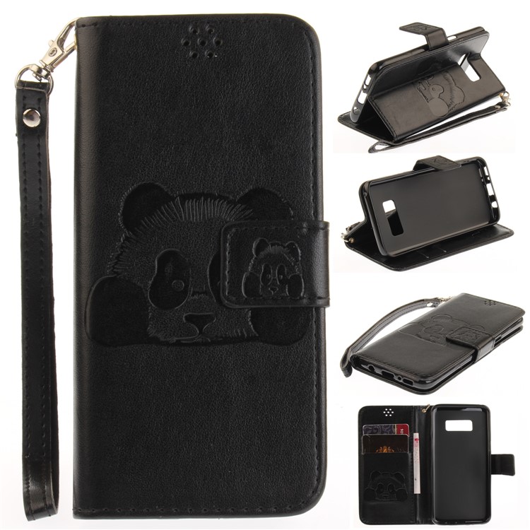 Panda Imprinted Leather Wallet Case for Samsung Galaxy S8 SM-G950 - Black-1