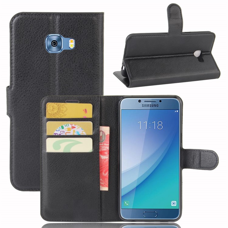 Lychee Skin Wallet Leather Stand Case for Samsung Galaxy C5 Pro - Black-1