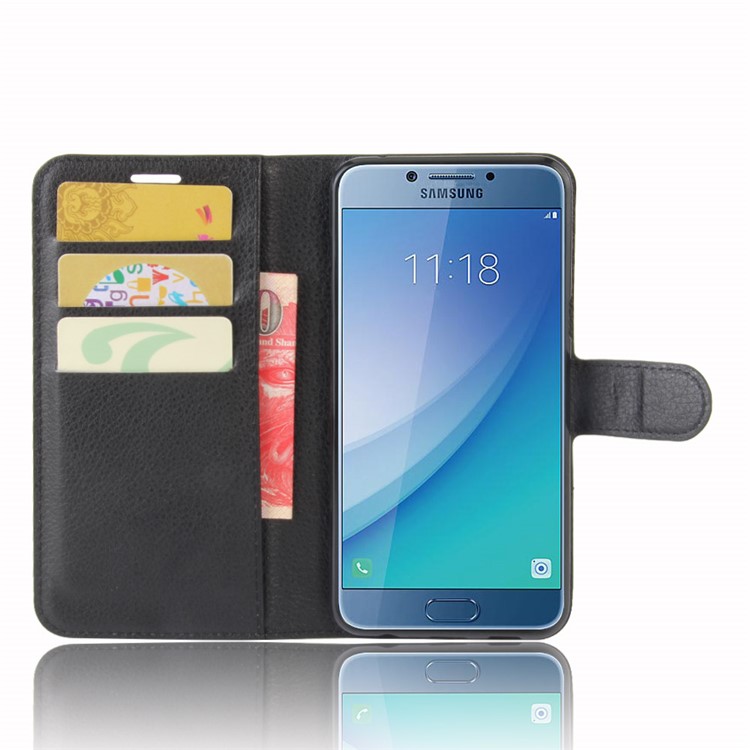 Lychee Skin Wallet Leather Stand Case for Samsung Galaxy C5 Pro - Black-4