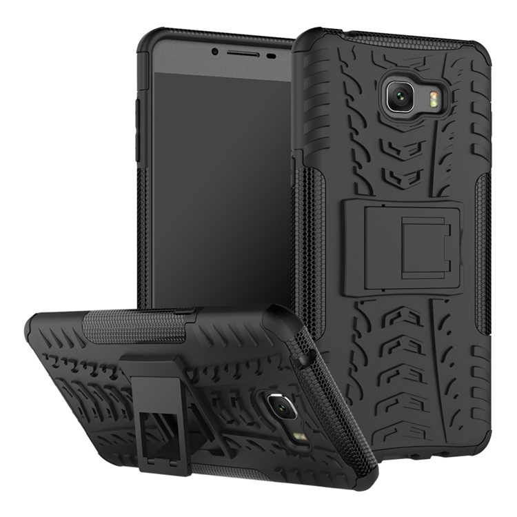 For Samsung Galaxy C9 Pro Tyre Pattern Kickstand PC + TPU Back Shell - Black-1