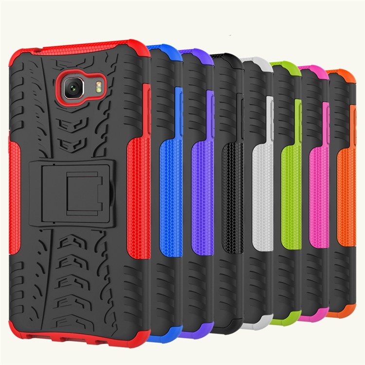 For Samsung Galaxy C9 Pro Tyre Pattern Kickstand PC + TPU Back Shell - Black-14