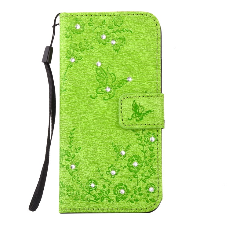 

For Samsung Galaxy S8 SM-G950 Imprinted Butterfly Flowers Rhinestone Leather Wallet Phone Case - Green, Galaxy S8