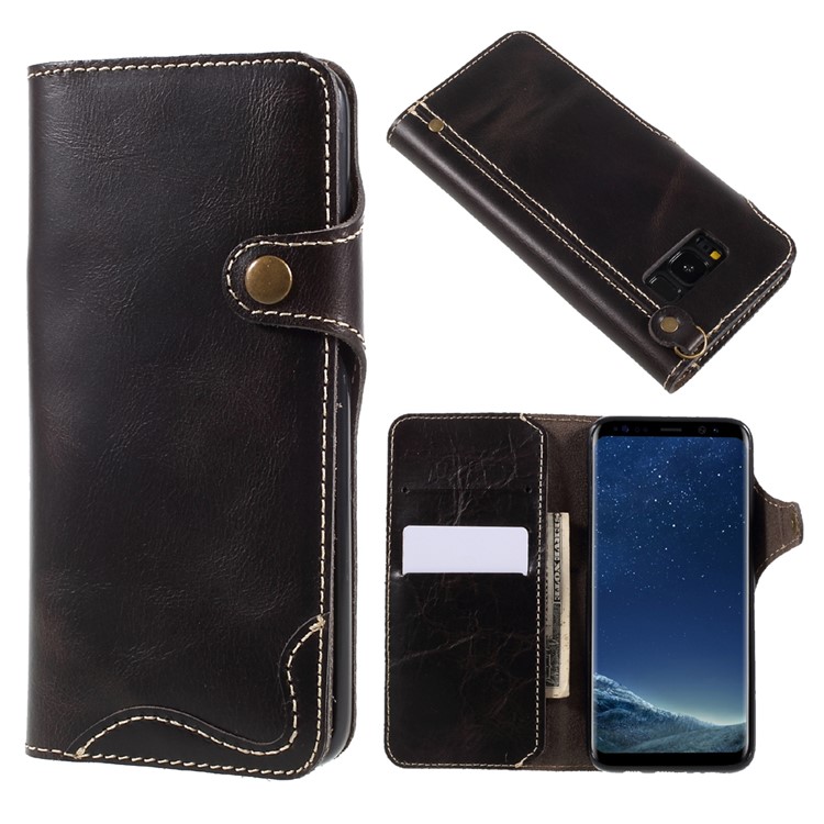 Genuine Leather Button Closure Wallet Flip Case for Samsung Galaxy S8 G950 - Black-1