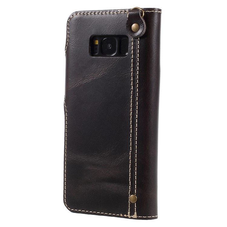 Genuine Leather Button Closure Wallet Flip Case for Samsung Galaxy S8 G950 - Black-2