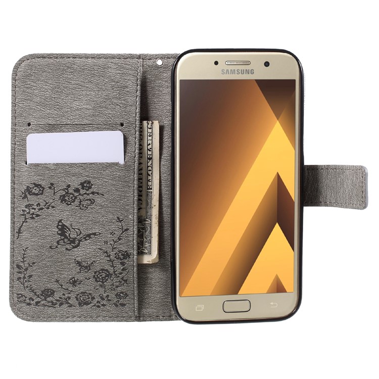 Imprinted Butterfly Flowers Rhinestone Leather Wallet Case for Samsung Galaxy A3 (2017) A320 - Grey-5