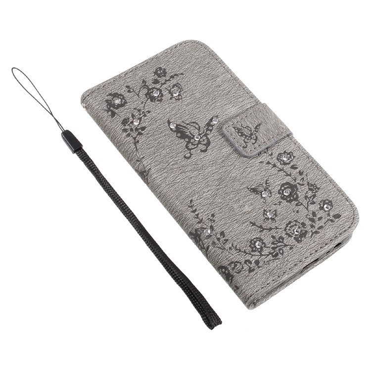 Imprinted Butterfly Flowers Rhinestone Leather Wallet Case for Samsung Galaxy A3 (2017) A320 - Grey-6