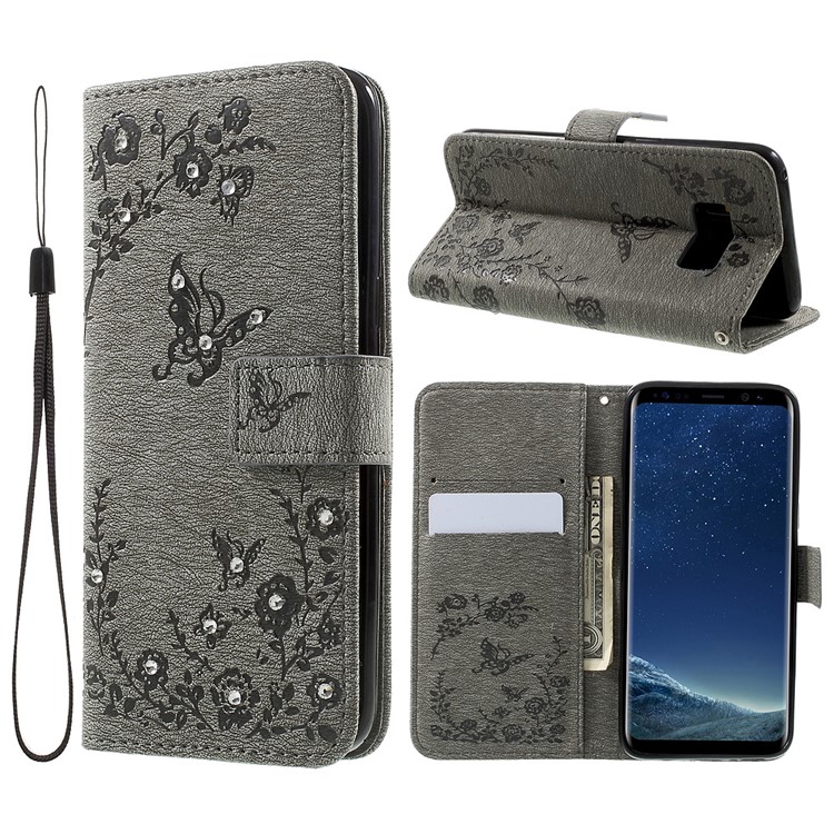 Imprinted Butterfly Flowers Rhinestone Leather Wallet Case for Samsung Galaxy S8 G950 - Grey-1