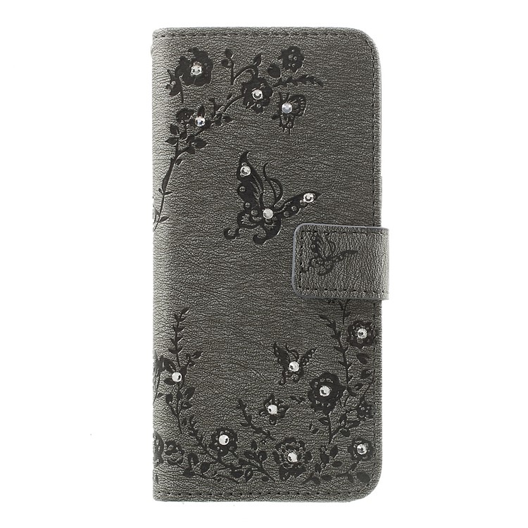 Imprinted Butterfly Flowers Rhinestone Leather Wallet Case for Samsung Galaxy S8 G950 - Grey-2