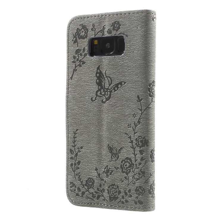 Imprinted Butterfly Flowers Rhinestone Leather Wallet Case for Samsung Galaxy S8 G950 - Grey-3
