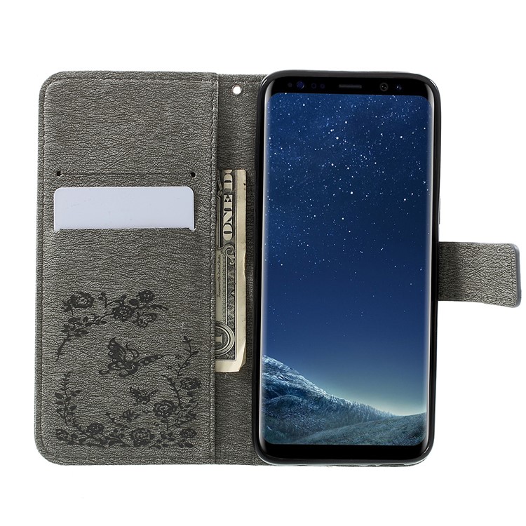 Imprinted Butterfly Flowers Rhinestone Leather Wallet Case for Samsung Galaxy S8 G950 - Grey-6