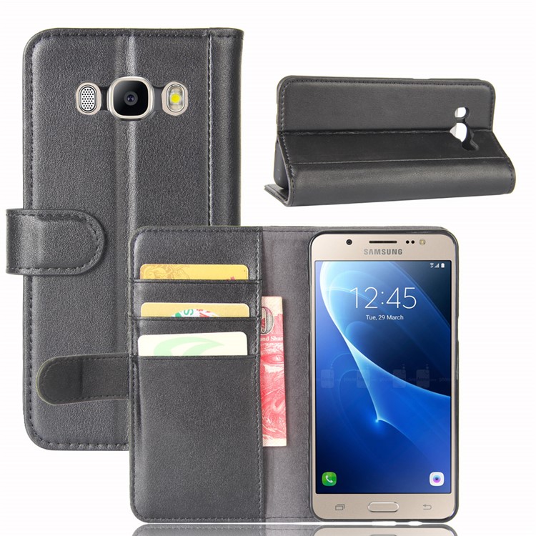 Genuine Split Leather Wallet Flip Stand Case for Samsung Galaxy J5 (2016) J510 - Black-1