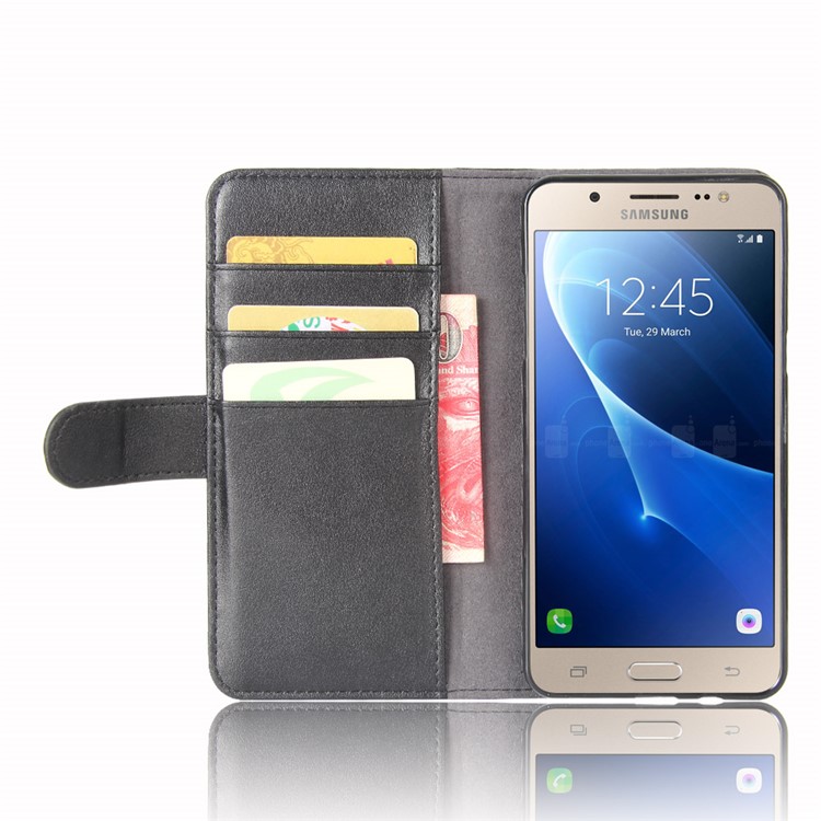 Genuine Split Leather Wallet Flip Stand Case for Samsung Galaxy J5 (2016) J510 - Black-5