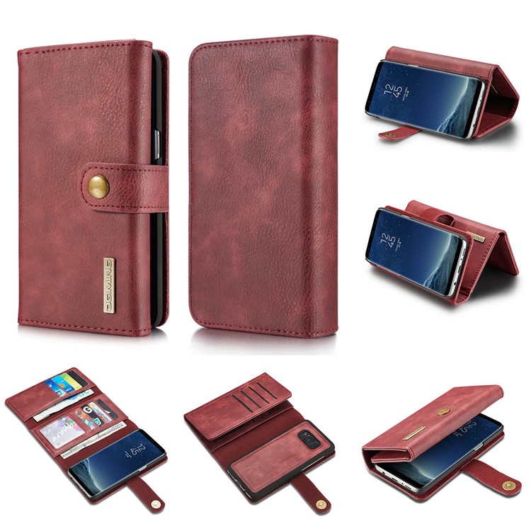 DG.MING Split Couro Tri-fold Multi-slot Wallet Phone Capa para Samsung Galaxy S8 G950 - Vermelho-1