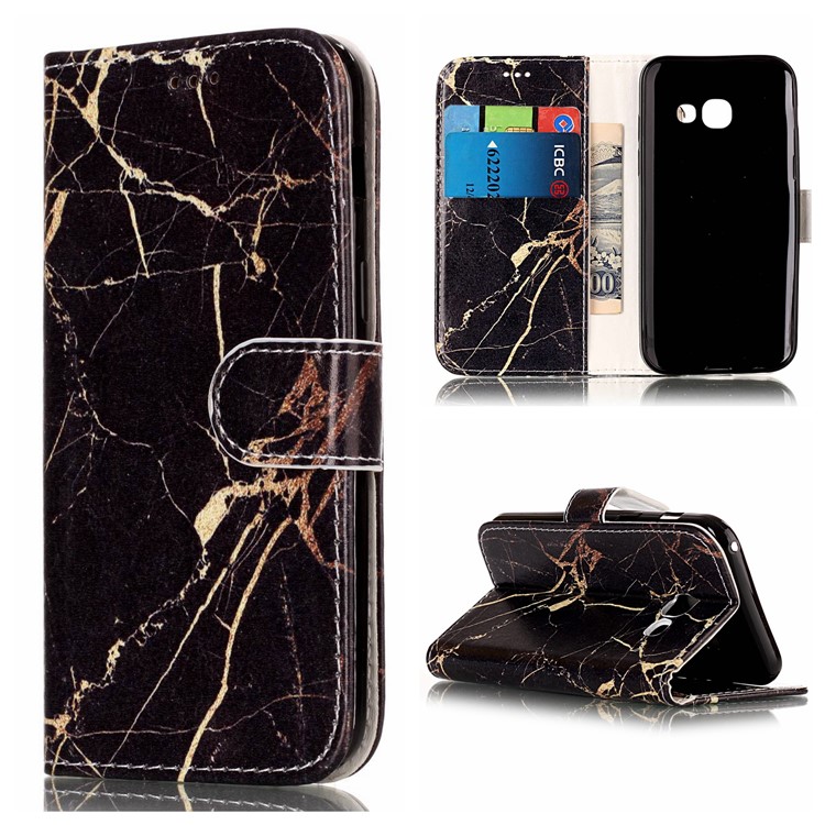 

For Samsung Galaxy A5 (2017) SM-A520F Stand Leather Wallet Protector Shell - Black Gold Marble, Galaxy A5 (2017)