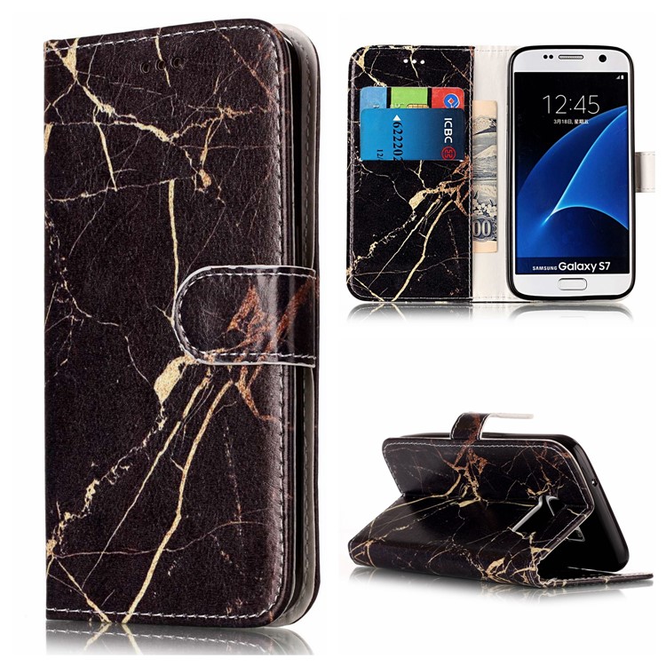 Pattern Printing Wallet Leather Stand Cover for Samsung Galaxy S7 G930 - Black Marble Pattern-1