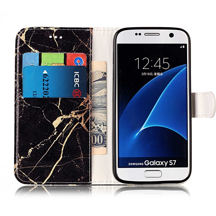 Pattern Printing Wallet Leather Stand Cover for Samsung Galaxy S7 G930 - Black Marble Pattern-4