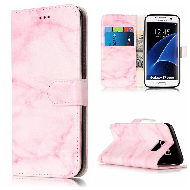 For Samsung Galaxy S7 edge SM-G935 Stand Leather Wallet Cover Case - Pink Marble-1