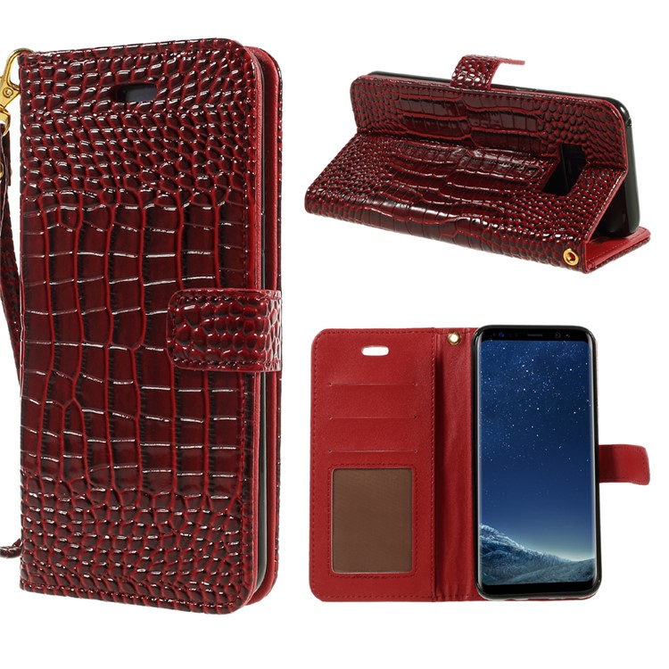 For Samsung Galaxy S8+ SM-G955 Crocodile Texture Wallet Leather Stand Cover with Wrist Strap - Red-1