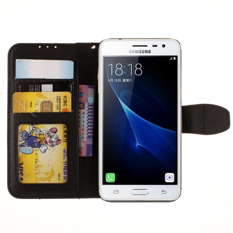 Litchi Skin PU Leather Card / Photo Slots Phone Case for Samsung Galaxy J3 Emerge/J3 Prime/J3 (2017) - Black-8
