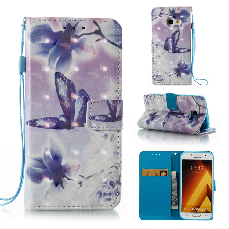 Pattern Printing Light Spot Decor Leather Card Holder Mobile Cover for Samsung Galaxy A3 (2017) - Flowers and Butterflies-1