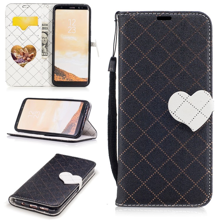 Love Heart Two-tone Leather Wallet Stand Cellphone Cover with Lanyard for Samsung Galaxy S8 SM-G950 - Black-1