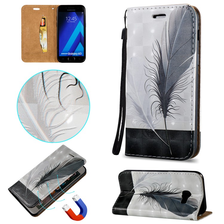 3D Embossing Stand Card Holder Leather Phone Case for Samsung Galaxy A3 (2017) - Feathers-1
