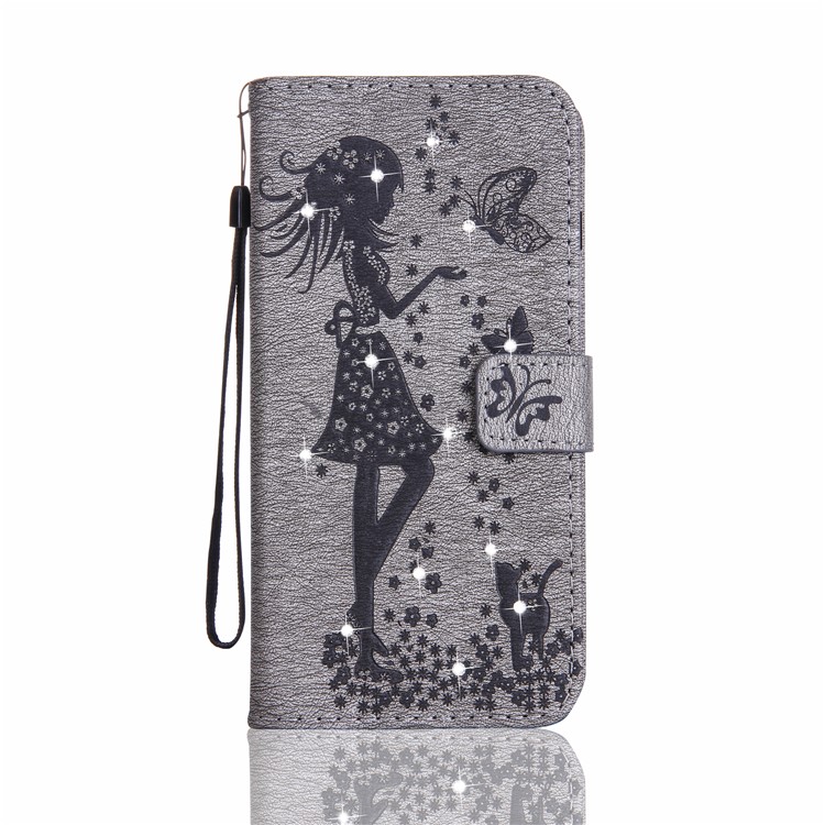 Imprinted Fairy and Butterfly Rhinestone Wallet Leather Mobile Cover for Samsung Galaxy A3 (2017) - Grey-1