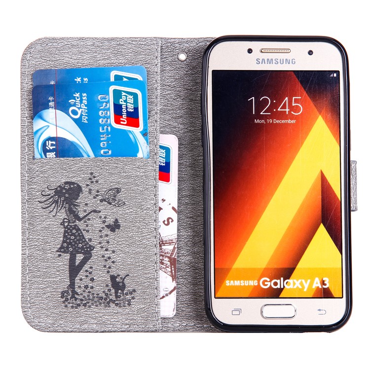 Imprinted Fairy and Butterfly Rhinestone Wallet Leather Mobile Cover for Samsung Galaxy A3 (2017) - Grey-3