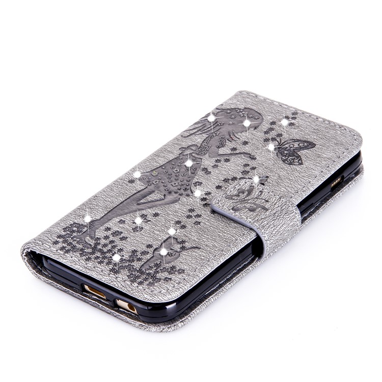 Imprinted Fairy and Butterfly Rhinestone Wallet Leather Mobile Cover for Samsung Galaxy A3 (2017) - Grey-5