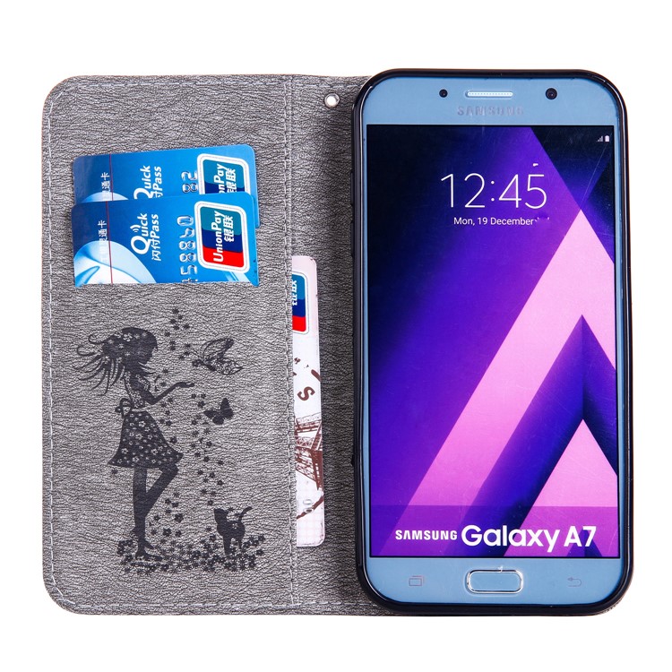 Imprinted Fairy and Butterfly Rhinestone PU Leather Wallet Stand Case for Samsung Galaxy A7 (2017) - Grey-3