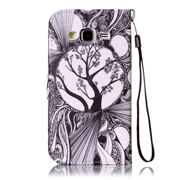 Rhinestone Patterned Wallet Leather Mobile Shell with Strap for Samsung Galaxy J3 (2016) / J3 - Abstract Tree Pattern-2