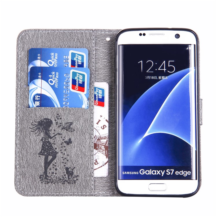 Imprinted Fairy and Butterfly Rhinestone Leather Wallet Shell Cover for Samsung Galaxy S7 edge SM-G935 - Grey-3