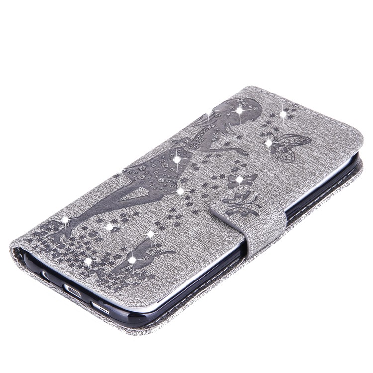 Imprinted Fairy and Butterfly Rhinestone Leather Wallet Shell Cover for Samsung Galaxy S7 edge SM-G935 - Grey-5